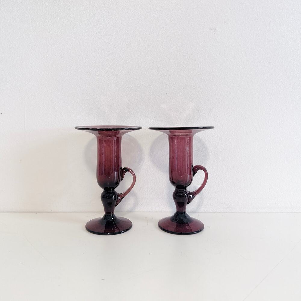 VTG LA VERRERIE DE BIOT FRENCH AMETHYST BUBBLE BLOWN GLASS PAIR CANDLE HOLDERS